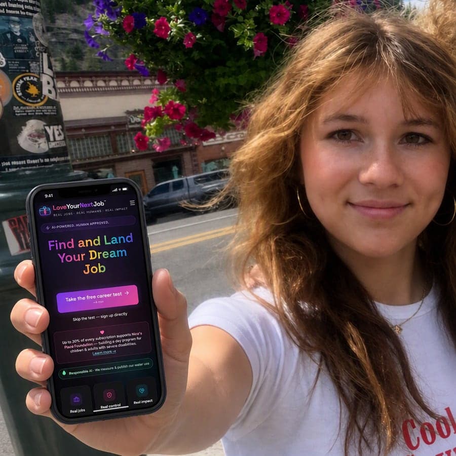 Summer, the founder's daughter, holding a phone showing the LoveYourNextJob homepage (AI-assisted image)
